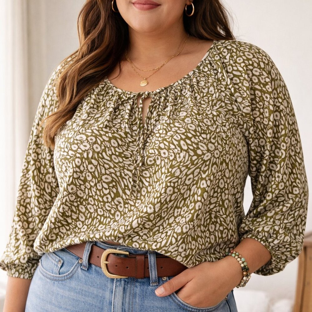 Garnet Hill Olive Green Floral-Print Peasant Blouse